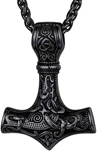 Men Thors Hammer Pendant Necklace, Nordic Viking Mythology, Stainless Steel Vintage Mjolnir Jewelry Norse Vikings Amulet Charms Gift-Black