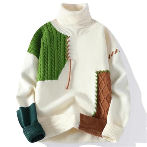 Men’S Patchwork Turtleneck Knitted Pullover Sweater Warm Fashion Streetwear Long Sleeve Thick Jumper Top2