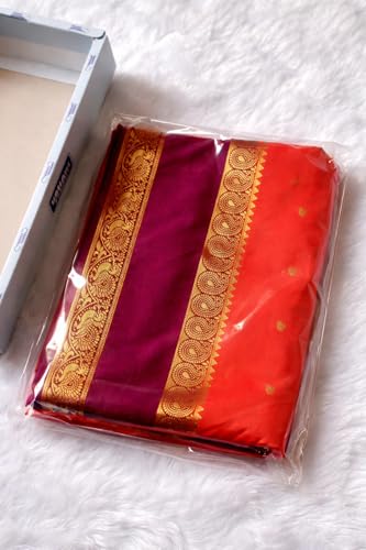 Image of Mysore Silk Crepe Saree, Orange with Bargandi Combination Border, Zari Butta, Soft and Silky, Semi Mysore Crepe