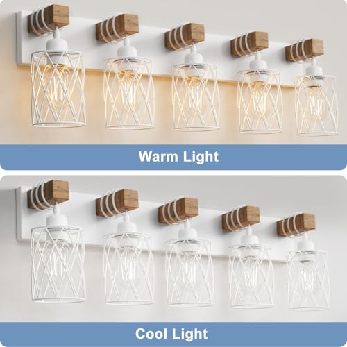 Image of IZORRO Farmhouse Bathroom Vanity Light, 5-Light Wood Bathroom Light Fixtures Over Mirror, Matte White Industrial Vanity Lights with Metal Shade, Rustic Restroom Lighting Fixtures