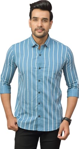 Image of Solid Regular Fit Cotton Casual Strips Shirt for Men || Spread Collar || Full Sleeves (X-Large, Blue)