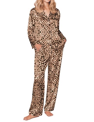 Ekouaer Silk Satin Pajamas Women's Long Sleeve Pj Set Soft Button Down 2 Piece Sleepwear Loungewear S-XXL