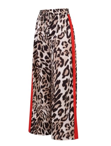 Charfille Women's Casual Pants Drawstring Leopard Print Color Block Side Striped Straight Leg Wide Leg Loose Pants (1-a-Brown, Small)