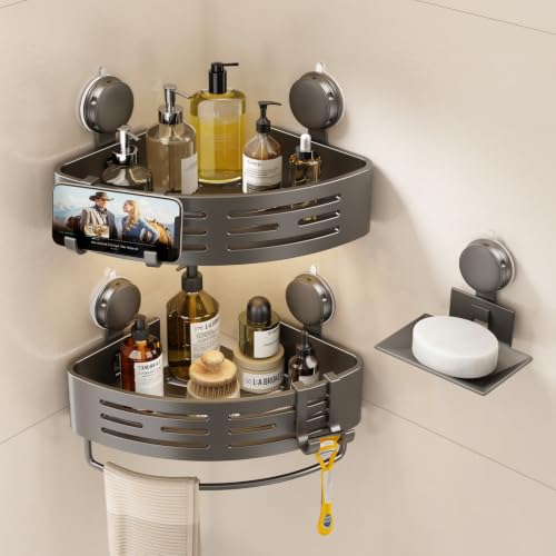 Image of VOLPONE Corner Shower Caddy Suction Cup Shower Shelf Corner No Drilling Bathroom Shower Organizer Storage Rack Adhesive with Towel Bar Hooks &soap holder (2-Pack,Gray)