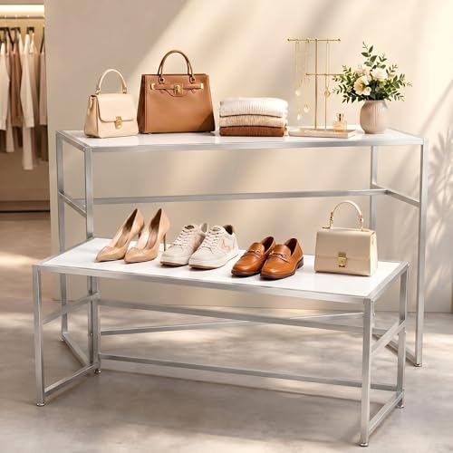 Novabright 2 Piece Nesting Display Tables White Metal Modern Retail Merchandise Table Heavy Duty Shoe Handbag Riser Shelf for Commercial Store Boutique 100lbs Load Capacity