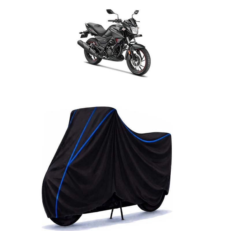 Image of Hero Hunk 125 R Bike Cover Water Resistant Universal Motorcycle Rain | Heavy Duty UV Protection, Dust, Scratch Indoor Outdoor All Weather with Black Blue Piping Elastic