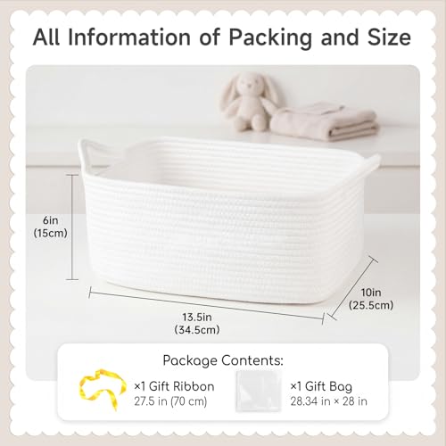 Image of OIAHOMY Cotton Rope Gift Basket Empty with Bags & Ribbons, Woven Baby Shower Basket for Nursery & Pet Toys, Ideal Personalized Gift for Holidays, Birthdays & Decor, White