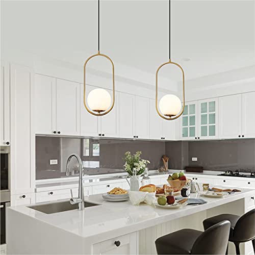 Bokt Mid Century Modern Globe Pendant Light Fixture Brushed Brass Gold Kitchen Island Pendant Lighting 1-Light Single White Glass Ball Ceiling Pendant Lamp (White-Small) #TOP3