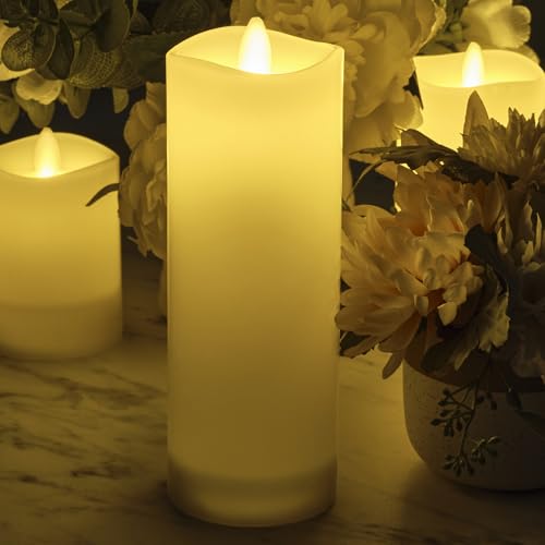 Image of Mikasa LED Wax Pillar Candle, 3 x 8 Inch White Flameless Candle with Dancing Flame Effect, 5-Hour Timer, Battery Operated Real Wax Pillar for Home Decor and Table Decor