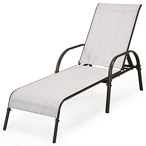Image of Giantex Patio Lounge Chair, Outdoor Chaise Lounge with 5 Adjustable Backrest, Sturdy Steel Frame, Sunbathing Recliner, Beach Chair, Tanning Chair for Outside, Yard, Balcony, Pool Chairs, Grey