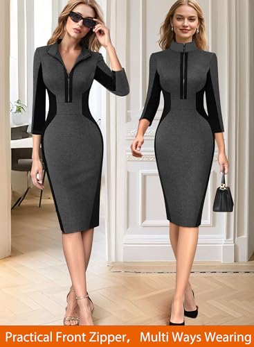 VFSHOW Womens Professional Work Business Casual Office Front Zipper Colorblock Fitted Pencil Sheath Dress2