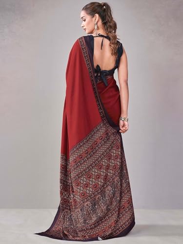 Image of Satrani Women's Crepe Printed Saree with Unstitched Blouse Piece