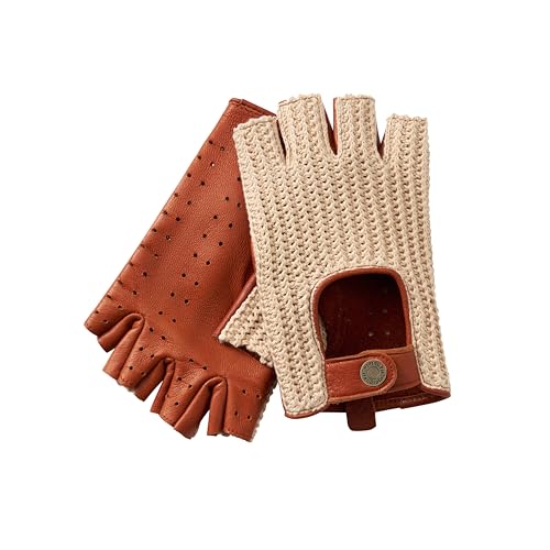 Hanotolo Fingerless Driving Gloves for Men– Soft Lambskin Leather, Crochet String Back,Cognac,M