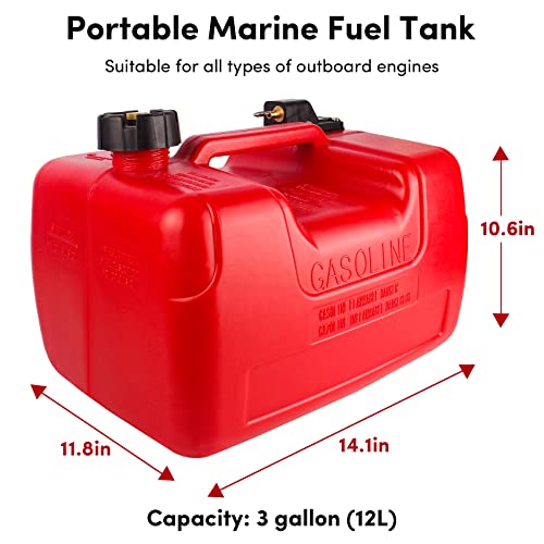 Boat Fuel Tank 3 Gallon/12L Marine Fuel Tank Outboard Fuel Tank With Hose Connector For Marine Outboard Motor Included Oil Volume Indicator Anti-Aging Impact Resist-Red(1 Pack) #TOP1