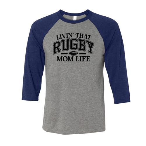 TeesAndTankYou Livin' That Rugby Mom Life Three-Quarter Raglan Sleeve Baseball Shirt Unisex Medium Grey/Navy