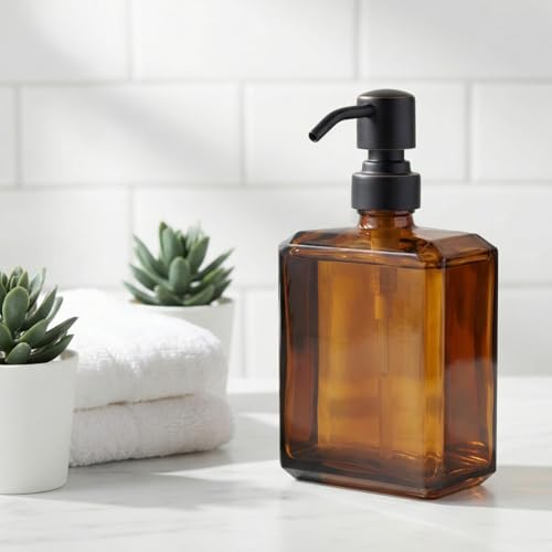 Image of Amber Soap Dispenser Square Bottle and Oil Rubbed Bronze Pump, Glass Dish Soap Dispenser with Stainless Steel Pump, 13.5 oz Lotion Dispenser for Bathroom, Kitchen Countertop