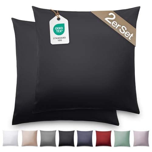 Blumtal Mako Satin Kissenbezug 40x40 Baumwolle Schwarz - 2er Set Kissenbezüge aus 100% Baumwolle -...