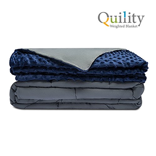 Quility Premium Adult Weighted Blanket & Removable Cover - 15 lbs - 48"x78" - for Individual Between 90-150 lbs - Twin Size Bed - Premium Glass Beads - Cotton/Minky - Grey/Navy Blue Color