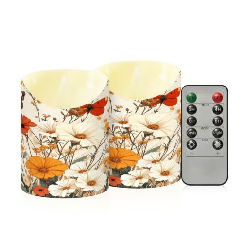 Ewusp Juego de 2 velas sin llama con diseño de mariposas y flores silvestres, funciona con pilas, con control remoto y temporizador, para decoración del hogar, bodas, vacaciones, fiestas, centros de