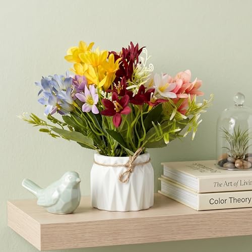 Image of Dekorly Artificial Lavender Plant in White Pot, 18cm - Realistic Faux Flower Arrangement for Home & Office Decor (Set of 1) (1, Multi Colour Lily Flower)