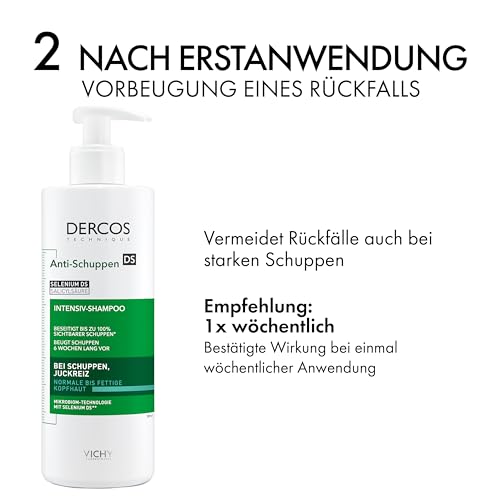 VICHY Anti-Schuppen-Shampoo, Für normales bis fettiges Haar, Juckreiz-mildernd und hydratisierend, Mit Salicylsäure, Selendisulfid und Vitamin E, Dercos Advanced Action Anti-Schuppen, 390 ml
