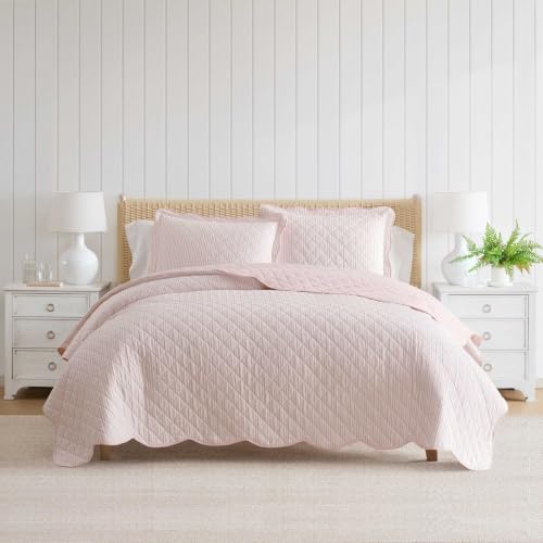 Image of Martha Stewart - King Cotton Percale Quilt with Shams, Reversible Bedding | 100% Cotton Percale, 80 /20 Cotton Blend Fill, Breathable, Reversible Stripe Design, Includes 2 Shams, Machine Washable