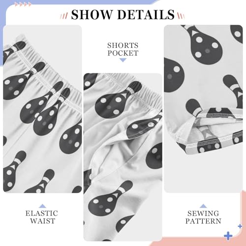 Pajama Bottoms, Black Bowling Pattern Sleeping Pant Lounge Wear Elastic Waist Long Pants Sleepwear PJS4