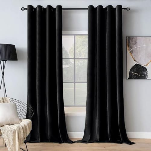 MIULEE Black Velvet Curtains 84 Inches Long Halloween Room Darkening Blackout Curtains with Grommet Top for Bedroom/Living Room Light Blocking Thermal Insulating Soundproof Set of 2