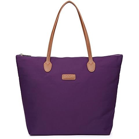 NNEE Water Resistant Light Weight Nylon Tote Bag Handbag - Large Size, Purple Cover