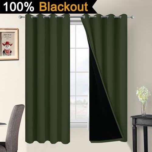 Image of Yakamok Greyish Green 100% Blackout Curtains 63 Inches Long 52 inch Wide, 2 PCS | Blackout Curtain Panels for Bedroom, 2 Thick Layers Grommet Top Thermal Insulated Drapes with Black Liner for Living Room