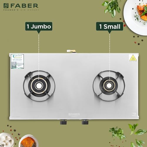 Image of Faber Ember Stainless Steel Cooktop | 2 Brass Burners - Jumbo & Small | Manual Ignition | Diamond-Coated Pan Support | 5Yr Warranty on Burners & 2Yr Comprehensive by Faber | Cooktop Ember 2BB SS CI