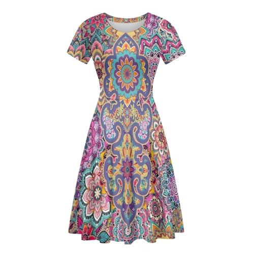 Image of HUGS IDEA Womens Puffy Swing Midi Dress Round Neck Short Sleeve Party A-Line Dresses