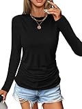 Micticsi Womens Ruched Tops Long Sleeve T Shirts Crewneck Slim Fitted Tees Office Work Top Casual Trendy Clothes 2025 Black