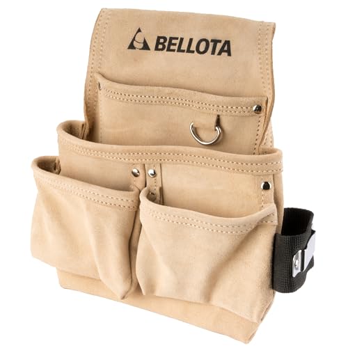 BELLOTA PC4BOL - Bolsa portaherramientas de piel con 4 bolsillos, Alojamiento para martillo y flexómetro