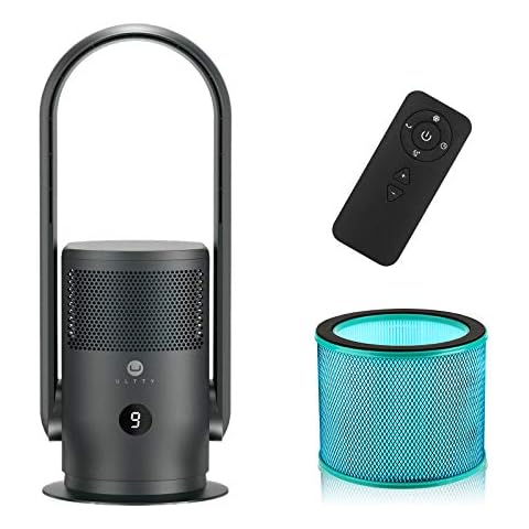 U ULTTY Bladeless Tower Fan and Air Purifier Combo, True HEPA Filter 99.97% Smoke Dust Pollen Dander, Oscillating Tower Fan with Remote Control CR020, Black Cover