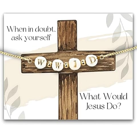 What Would Jesus Do Bracelet, Dainty WWJD Bracelet, Christian Gifts for Women, Cross Bracelet Box, Religious & Spiritual Catholic Gifts for Women, Shell Beads & Gold-Plated Accents, Adjustable Cover