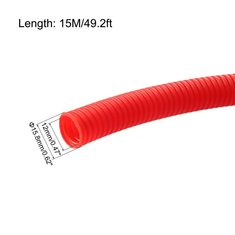Tool parts Wiring Loom Tubing Corrugated Flexible Conduit 15M/49.2ft - 12mm/0.47 ID Red