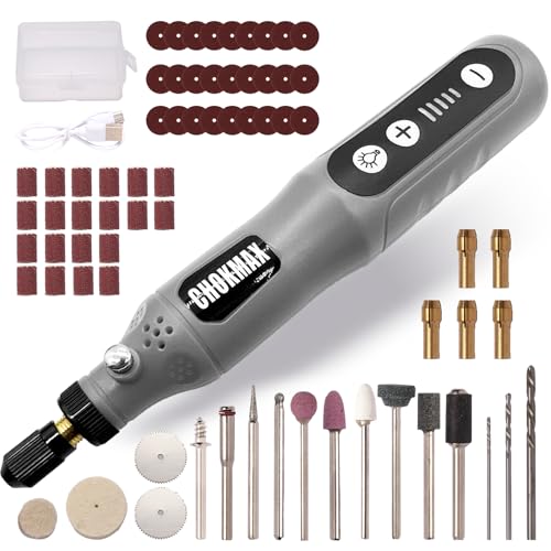 CHOKMAX Mini Kabelloses Drehwerkzeug, 5-Gang-Schleifer-Kit mit 72 Zubehörteilen und Front-LED-Licht, Typ-C-Ladekunsthandwerkswerkzeug zum Gravieren, Schleifen, Polieren, Bohren, Grau