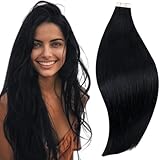 RUNATURE 30 Inch Invisible Tape in Hair Extensions Human Hair #1 Jet Black Straight PU Tape in Real Hair Extensions Brazilian Skin Weft Remy Hair Tape in Extensions for Long Hair Full Ends 50g 20pcs
