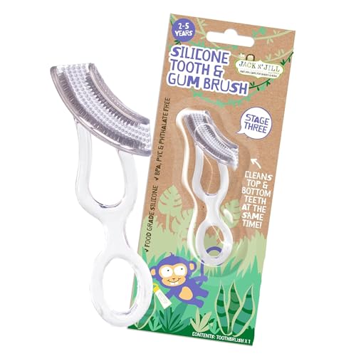 Image of Jack N' Jill Stage 3 Silicone Kids Toothbrush, Chewable, Pack of 1 | Toddler Tooth & Gum Brush Ages 2-5 Years, Double Sided Soft Bristles, For Sensitive Gums, 100% Food-Grade Silicone