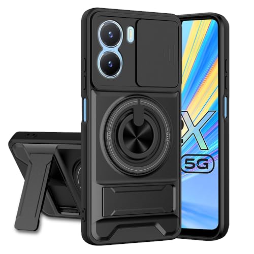 Image of Vivo T2X / Y16 / Y56 Back Cover | Armor Camera Slider 360 Degree Rotating Finger Ring Holder Case with Bracket Stand Back Case Cover (Compatible with MagSafe Accessories) (Black)