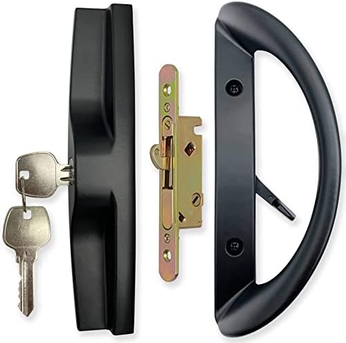 Patio Sliding Door Handle Set with Mortise Lock, Key Cylinder and Face Plate, Full Replacement Handle Lock Set Fits Door Thickness from 1-1/2" to 1-3/4", 3-15/16" Screw Hole Spacing, Black