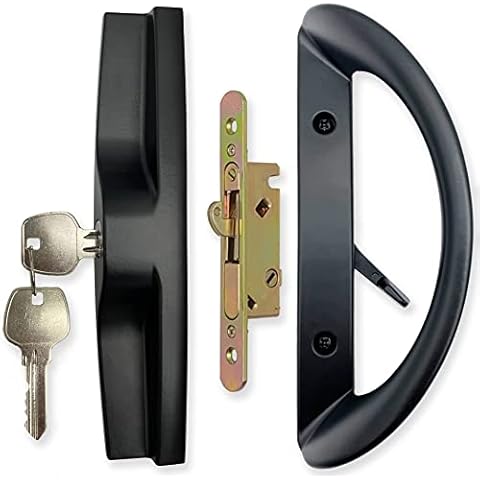ALLYWASAI Patio Sliding Door Handle Set with Mortise Lock, Key Cylinder and Face Plate, Full Replacement Handle Lock Set Fits Door Thickness from 1-1/2" to 1-3/4", 3-15/16" Screw Hole Spacing, Black Cover