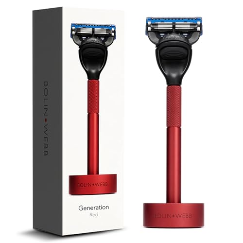 Bolin Webb Generation Razor and Stand in Red. Fitted with Gillette Fusion5 Blade. Luxury Razor for Men.
