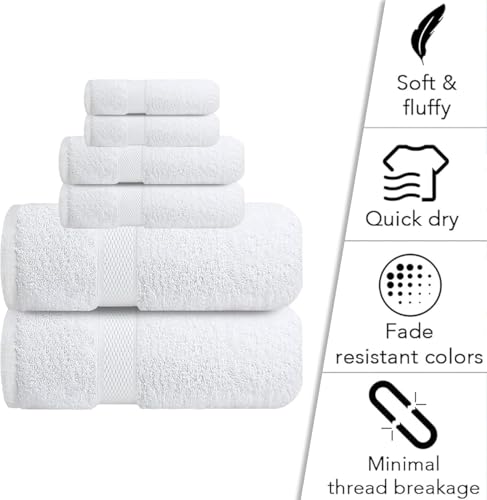 Image of Sulfar 100% Combed Cotton, 6 Pcs Towel Set - 2 Bath Towels (70 x 140 cm), 2 Hand Towels (40 x 70 cm) and 2 Face (30 x 30 cm) (600 GSM, Pack of 6) White