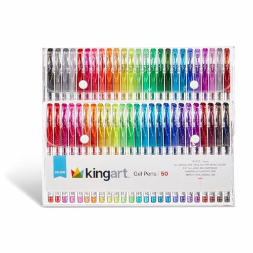KINGART Glitter Rollerball Gel Pens, 50 Sparkling Colors with Soft-Grip Comfort, XL Ink Cartridge - More Ink, Great for All Ages, Writing, Coloring, Doodling, Scrapbooking, Journaling & More