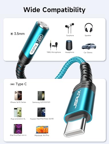 Image of JSAUX USB Type C to 3.5mm Female Headphone Jack Adapter, USB C to Aux Audio Dongle Cable Cord Compatible with iPhone 17 Pro Max /16 Pro /15, Samsung Galaxy S24 /S23 /S22 Ultra, iPad Pro, Pixel 9 /8-Green