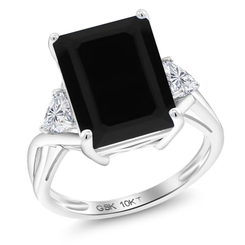 Gem Stone King 10K White Gold Black Onyx and Lab Grown Diamond Engagement Ring For Women | 7.04 Cttw | Emerald Cut 14X10MM and Trillion 4MM | Gemstone Birthstone | Available in Size 5,6,7,8,9