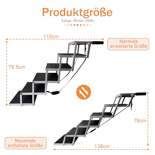 Hundetreppe Auto, 6 Stufen Hunderampe Auto Klappbar bis 85kg, für Große Hunde & ältere Tiere, Hundeleiter Aluminium 80cm Hoch, Für Lastwagen und SUV