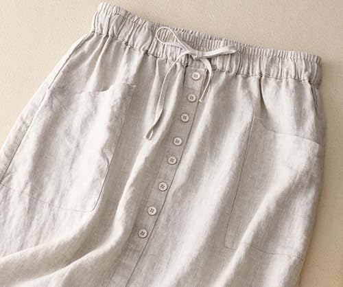 IDEALSANXUN Linen Skirts for Women Summer A Line Flowy Casual Drawstring High Waist Button Down Midi Skirts with Slit3